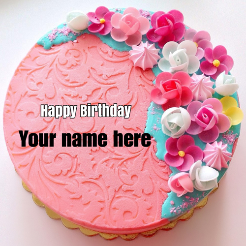 Beautiful Pink Floral Art Birthday Cake With Your Name