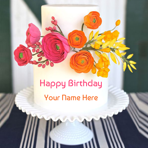 Beautiful Colourful Floral Birthday Cake With Your Name