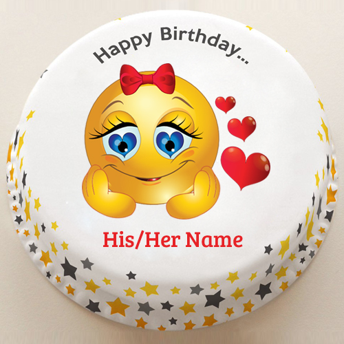 Cute Baby Girl Love Emoji Birthday Cake With Your Name