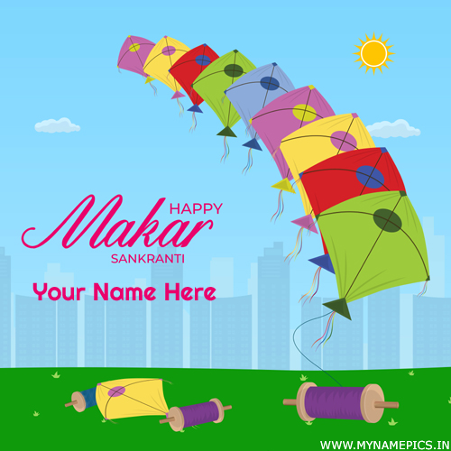 Colorful Kites Greeting For Uttarayan With Your Name