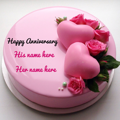 Beautiful Pink Heart Anniversary Cake With Lover Name