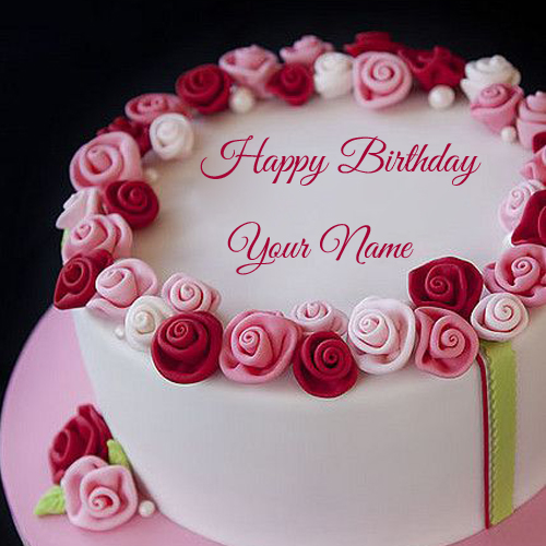 Beautiful Red and Pink Flower Birthday Cake with Name