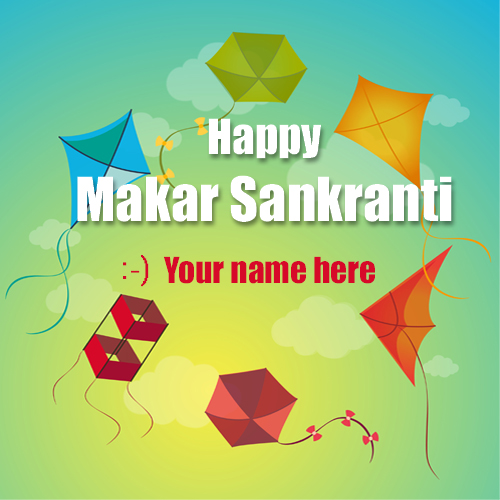 Write name on happy makar sankranti kite flying pics