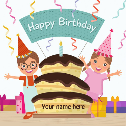 Write name on cute cartoon Birthday greeting card pix 