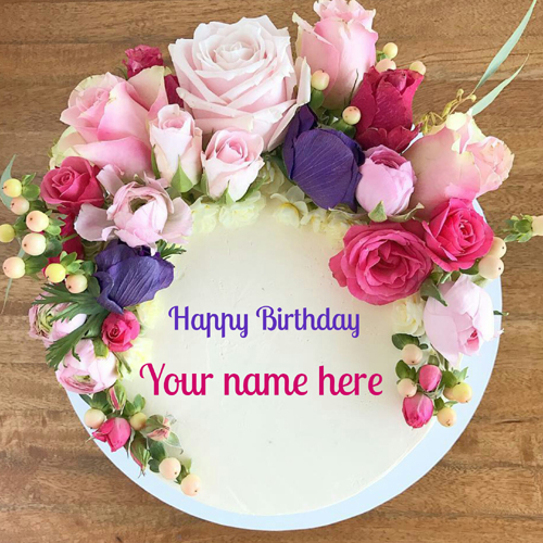 Happy Birthday Floral Art Creative Round Cake With Name