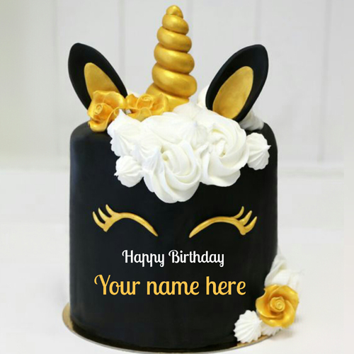 Beautiful Black and Gold Unicorn Birthday Cake With Nam