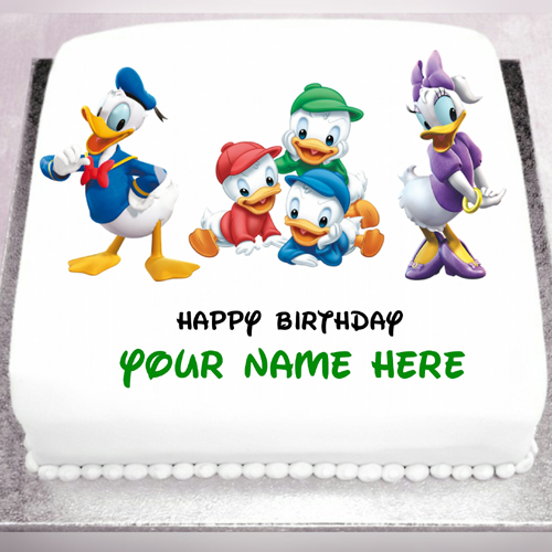 Smiling and Happy Donald duck Birthday Cake With Name