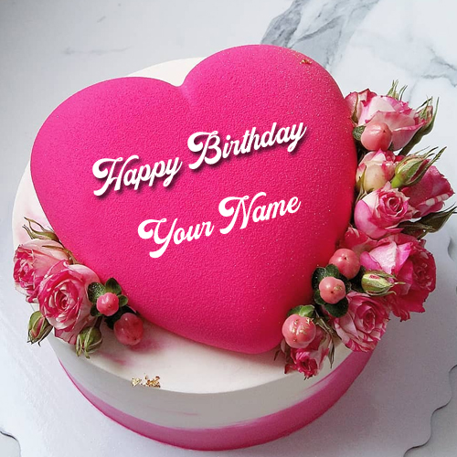 Write Name on Pink Heart Birthday Wish Cake With Rose