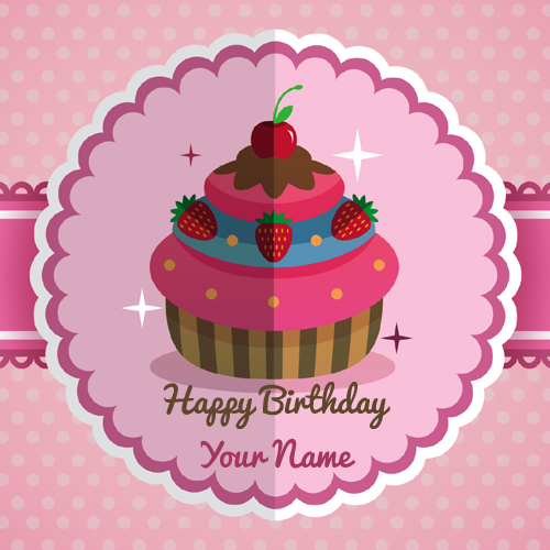 Happy Birthday Strawberry Cupcake Greeting With Name