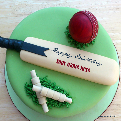 Write name on cricket theme birthday cake pics 