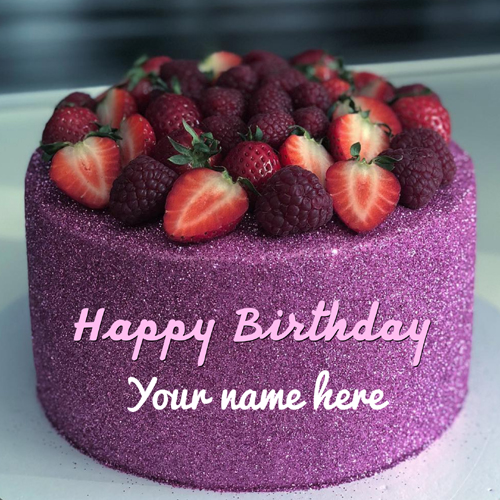 Happy Birthday Purple Glitter and Fruit Cake With Name