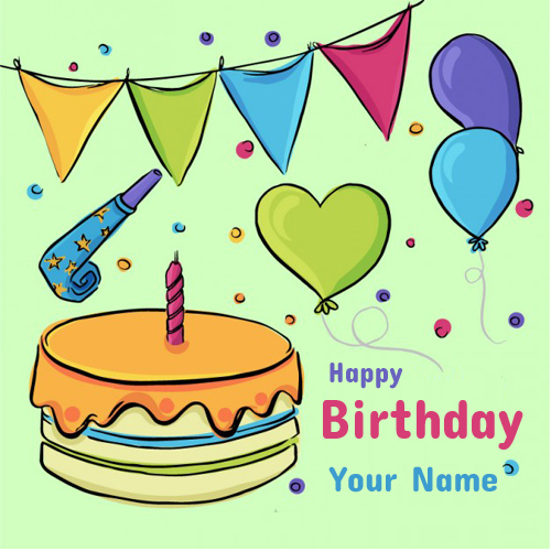 Write Name on Hand Drawn Birthday Cake With Decoration