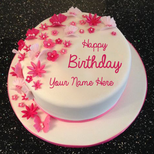 Happy Birthday Flower and Butterfly Cake With Your Name