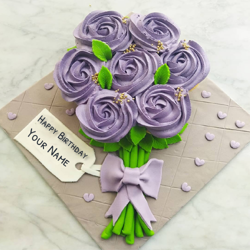 Purple Flower Bouquets Theme Birthday Cake With Name