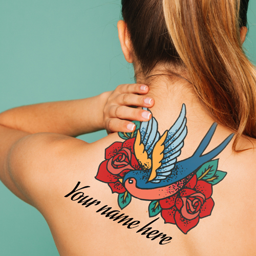 Colourful Floral and Parrot Tattoo For Girls With Name