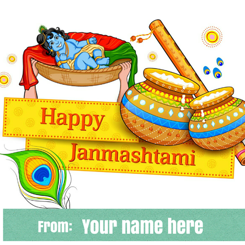 Happy Janmashtami Cute Lord Krishna Wish Card With Name