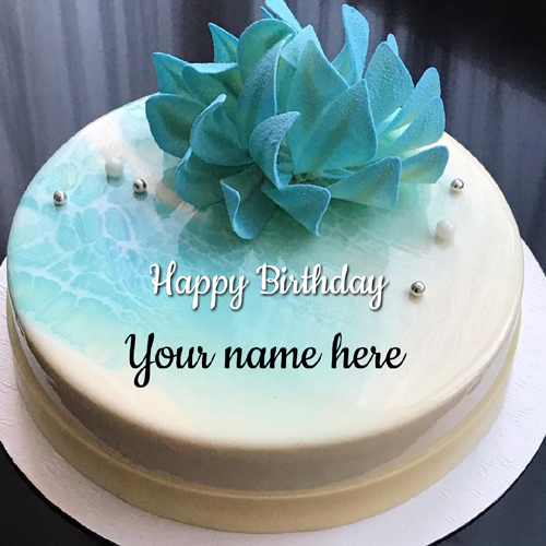 Elegant Mirror Glazed Skyblue Birthday Cake With Name