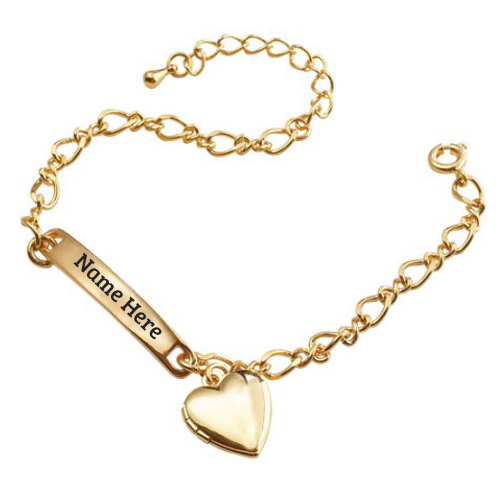 Print Name on Gold Plated Girls Heart Charm Bracelet