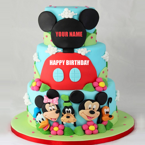 Happy Birthday Mickey Mouse Family Photo Cake With Name