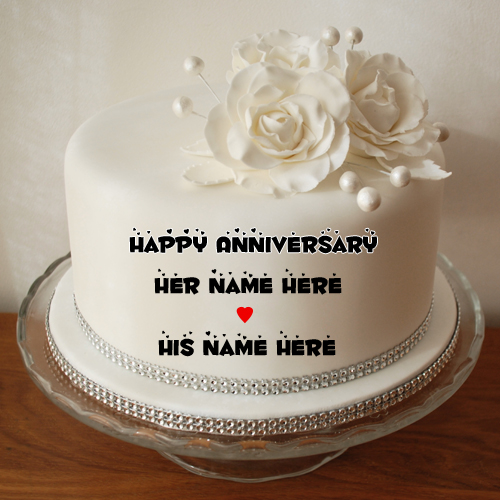 Happy Anniversary Wishes White Name Cake With Flowers