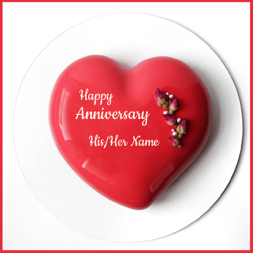 Write Name on Red Shining Heart Anniversary Wishes Cake
