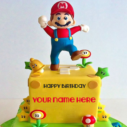 Happy Birthday Super Mario Cartoon Cake With Your Name