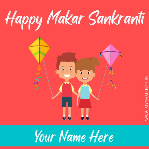 Write Name on Uttarayan Image With Kids Flying Kites